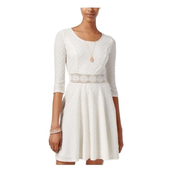 American Rag Cie Fit and Flare Mini Dress Ivory Cream Textured 3/4 Sleeve L - Picture 1 of 8